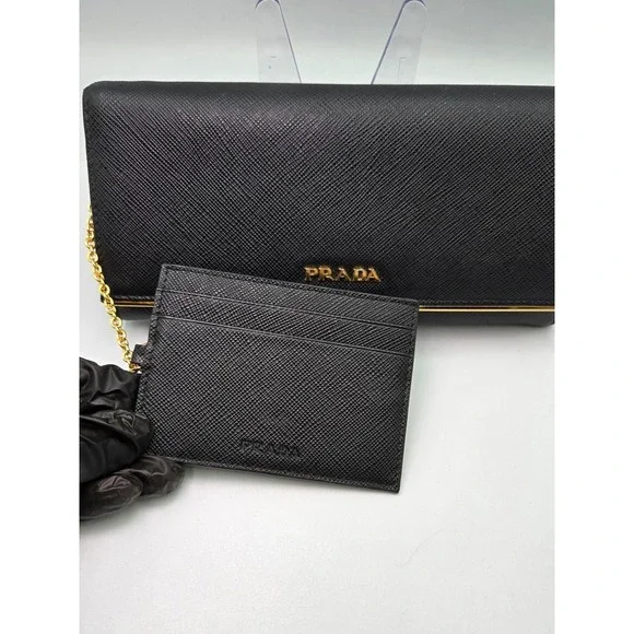 PRADA Black Saffiano Leather Wallet On Chain Flap Card Holder Clutch - Picture 12 of 14